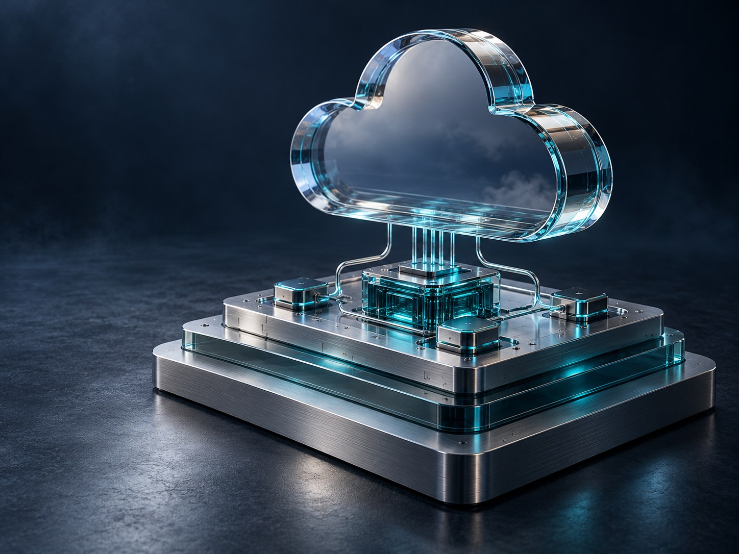 Glass cloud connected to a computational core on layered metal platforms, illustrating cloud and AI architecture.